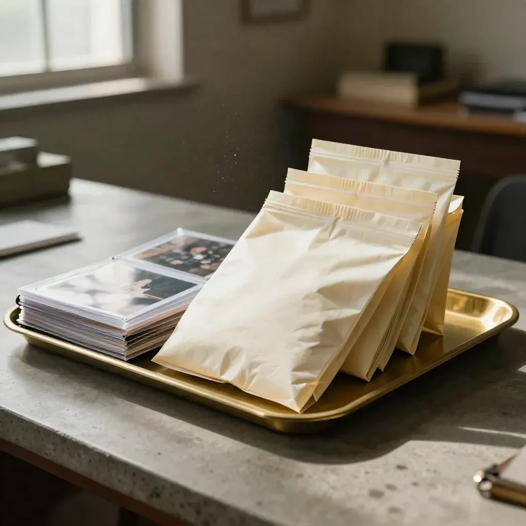 Sealed evidence packets, photo sleeves and a brass tray on concrete in warm window light.