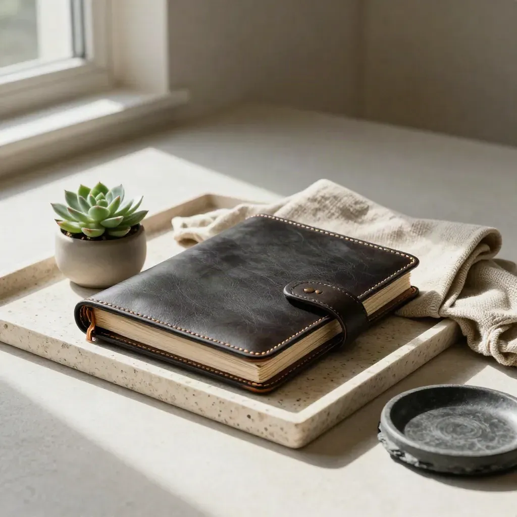 Leather binder, succulent, wool cloth and ceramic dish on a travertine tray
