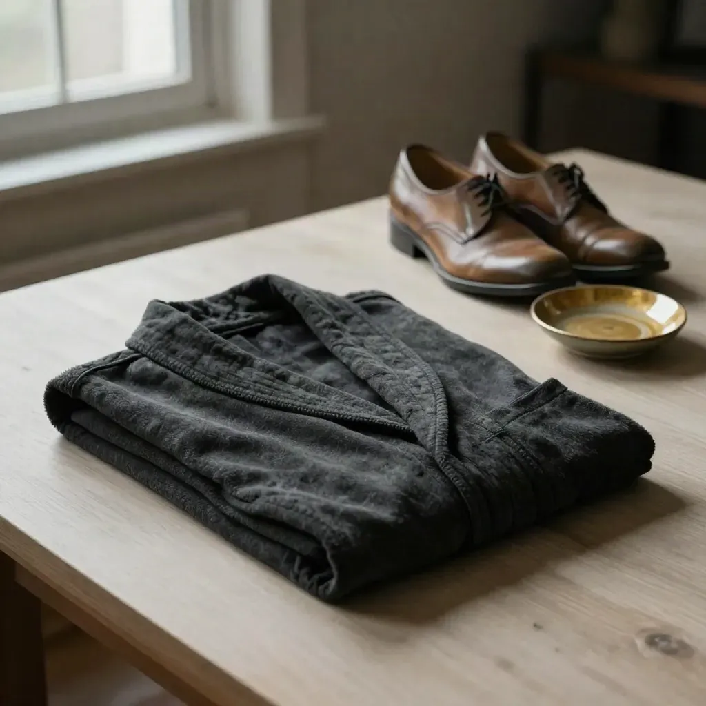 Charcoal robe cover, polished court shoes and ceramic dish on pale wood for courtroom prep.